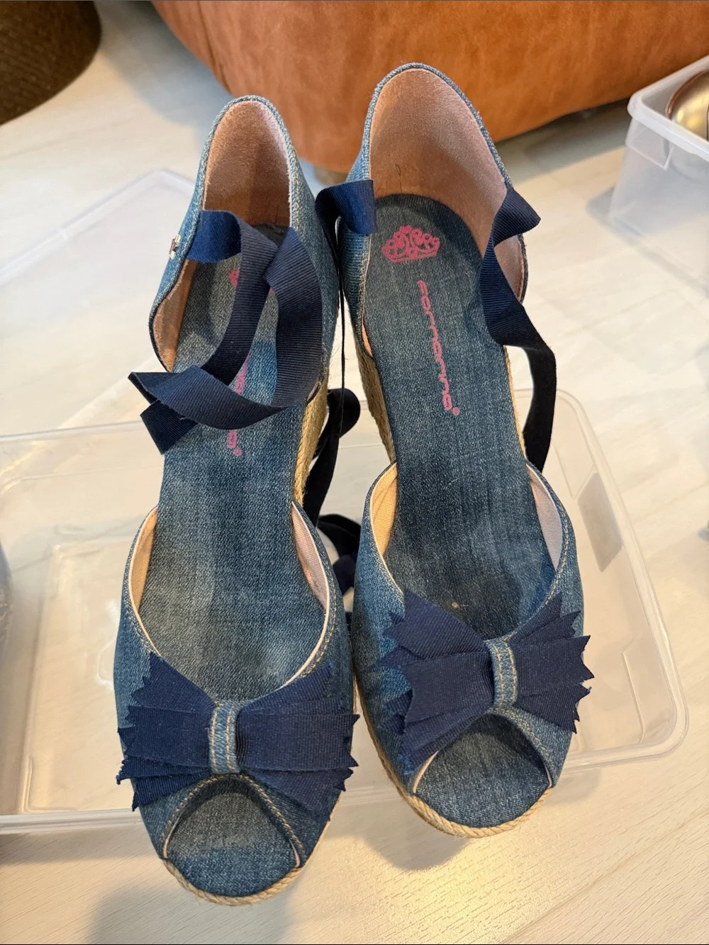 Denim Espadrille Wedge Sandals with Navy Ribbon Detail